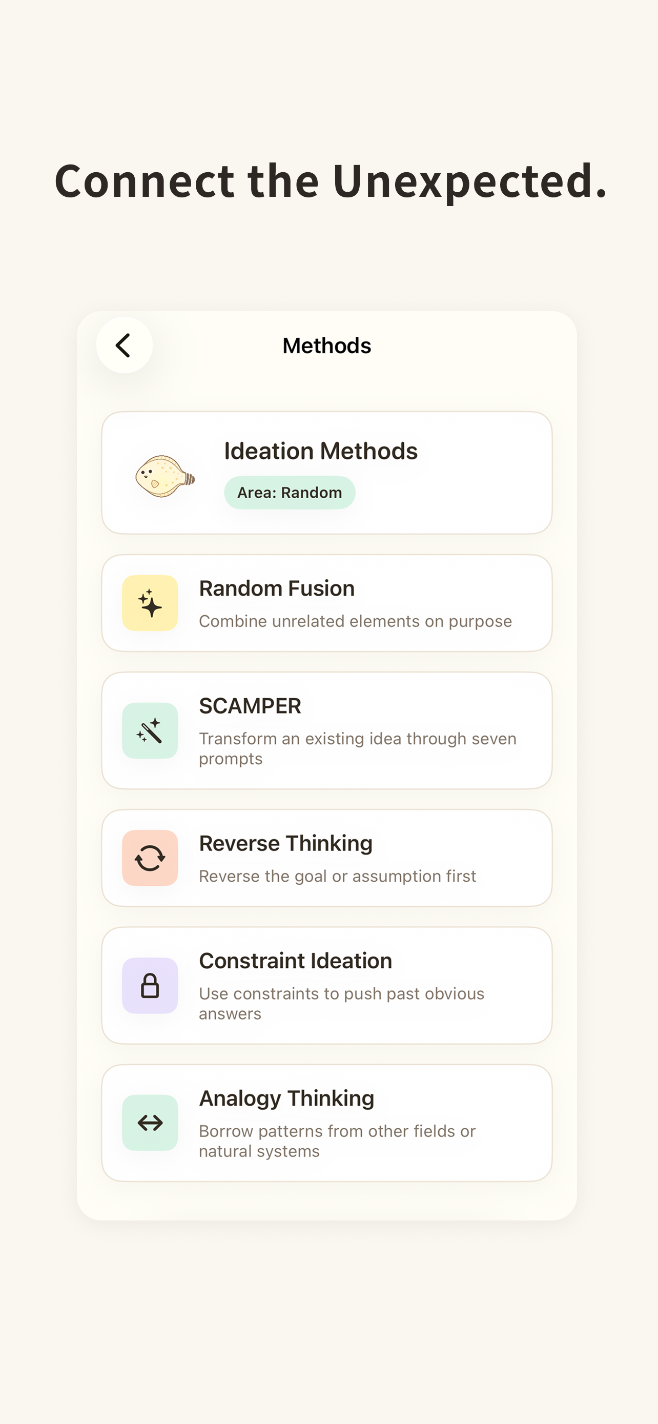 The idea-method selection screen, including Random Fusion